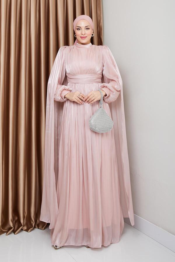 Olcay-Yorgo Seiden-Abendkleid mit Hijab und Gürtel und Cape-Detail PUDRA 1237 1