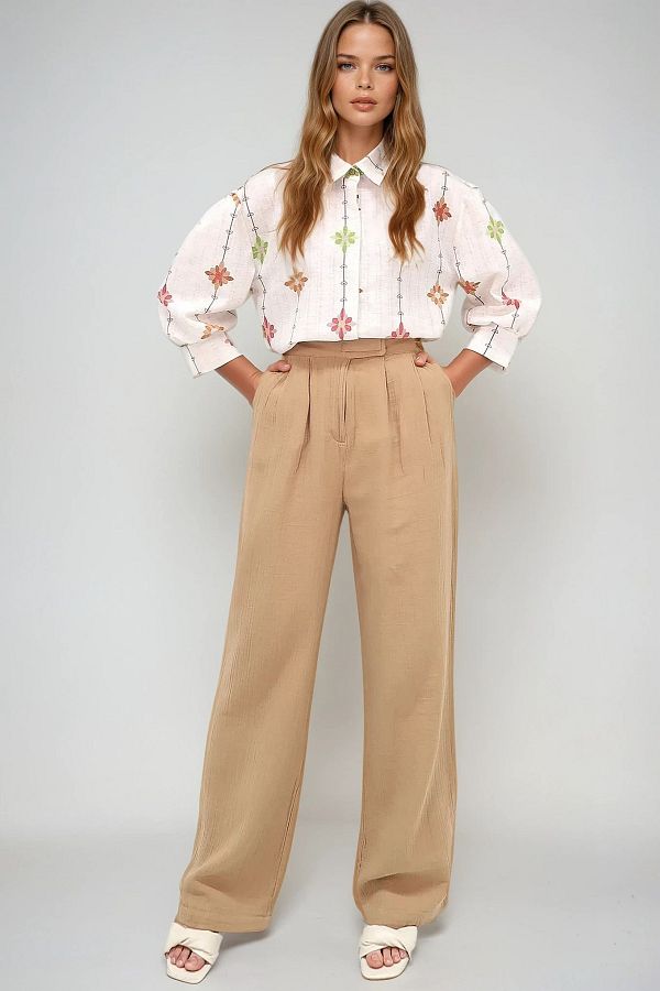 VAGGON-Women's Beige Pleated Velcro Muslin Linen Trousers Prmx12110 1