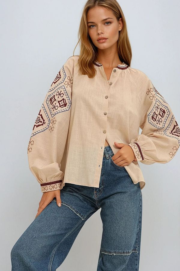 VAGGON-Women's Beige Balloon Sleeve Embroidered Collarless Shirt Vgn-X11290 1