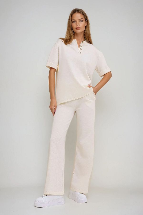 VAGGON-Women's Ecru Double Sleeve Collar Buttoned Top and Bottom Set with Trousers Prmx11487 1
