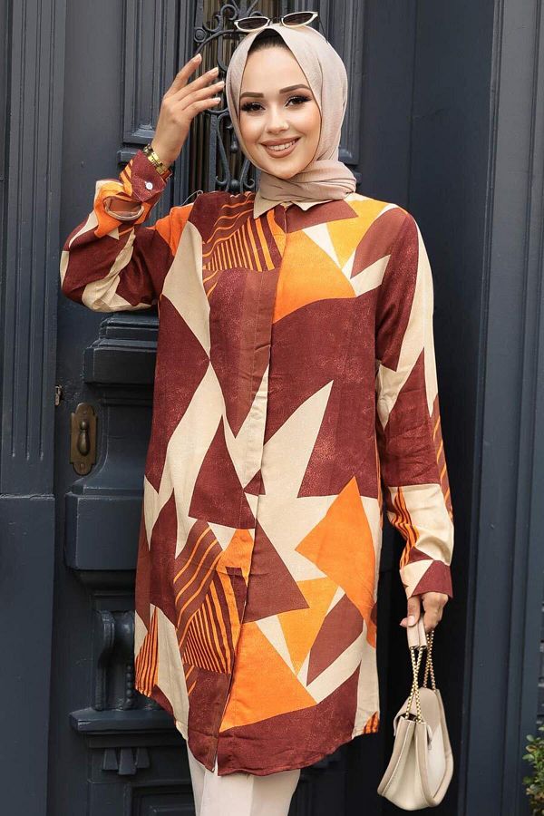 Neva Style-Viscose Hijab Tunic - Patterned and Brown, Model 11682KH 1