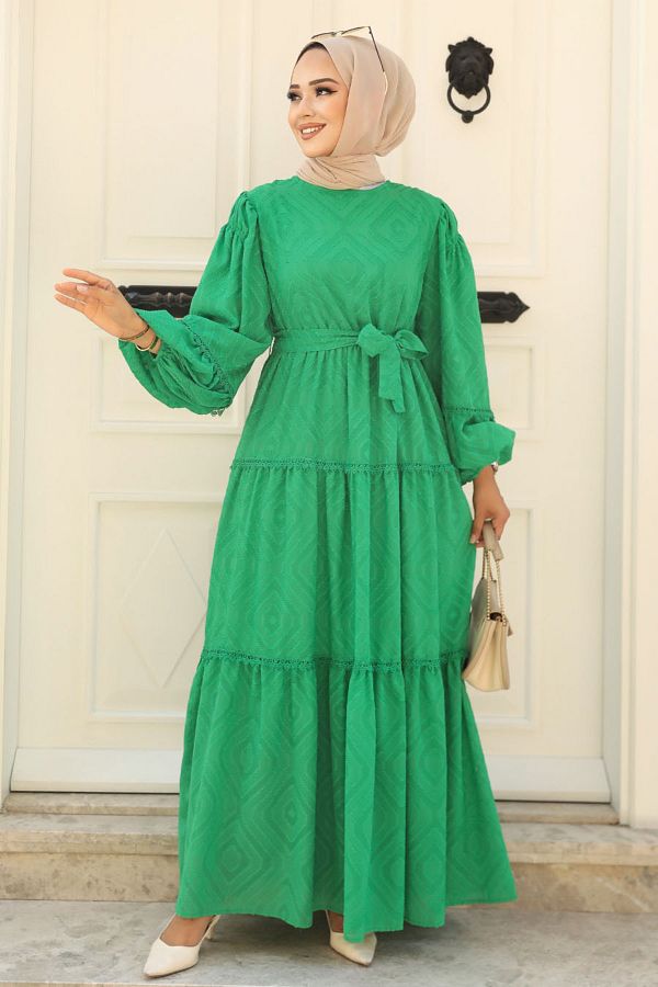 Neva Style-Green Hijab Dress with Belt 14131Y 1