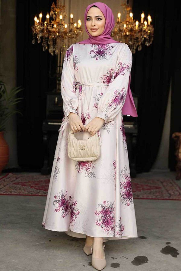 Neva Style-Floral Patterned Plum Hijab Dress 60911MU 1