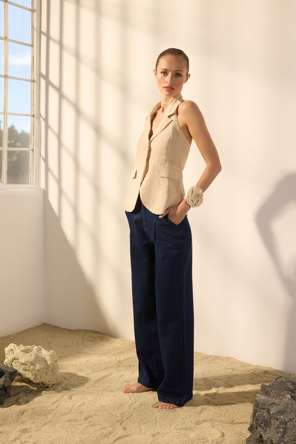 Trendyol Collection-Beige 100% Linen Pocket Detailed Halter Neck Vest Twoss25Ye00107 1