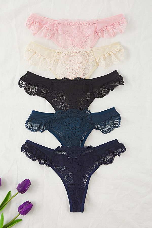 Trendyol Collection-Modrá a vícebarevná 5 balíčků mincí Tylová krajka detail detail Tanga Pletené kalhotky 1