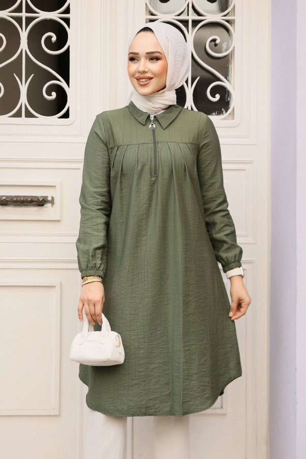 Neva Style-Zippered Khaki Hijab Tunic 1467Hk 1