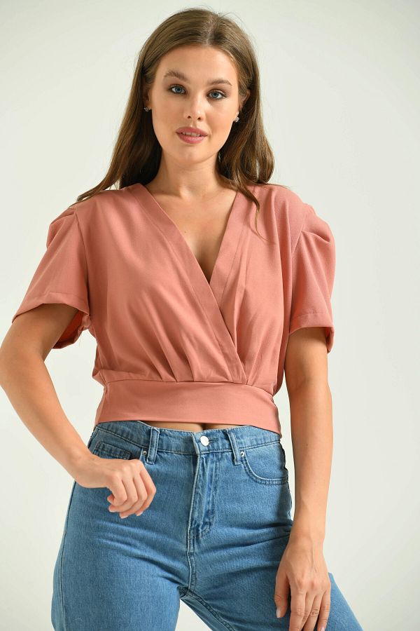 Park Karon-Women's Powder Double Breasted Collar Short Sleeve Blouse 1