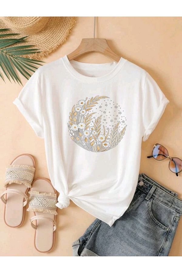 FAVORİST-Moon Star Daisy Printed Unisex Summer Cotton Short Sleeve Tshirt 1