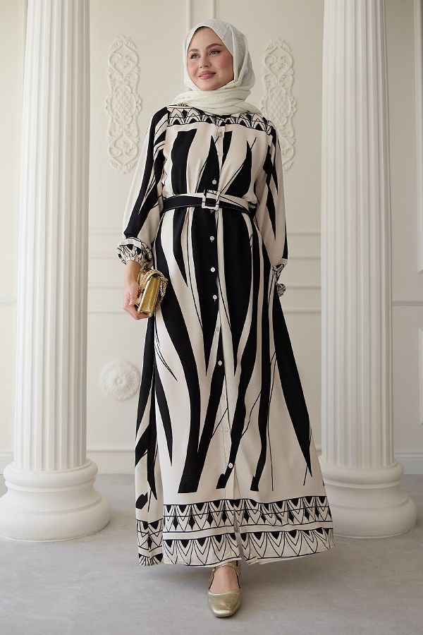 InStyle-Patterned Belted Black Viscose Dress 1