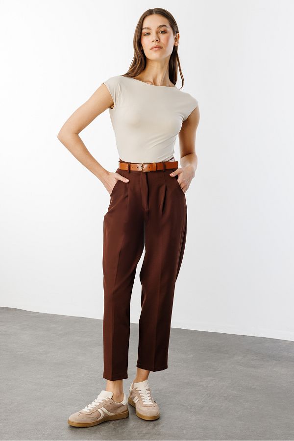 GENIUS STORE-Pantaloni de damă cu picior îngust plisat cu centură din țesătură sezonieră CU CUREA-PANTALONI 1
