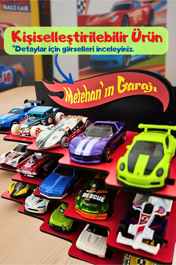 kalides Oyuncak Araba Rafı - Kişiye Özel - KIRMIZI (1/64 ölçekli arabalar için uygundur)