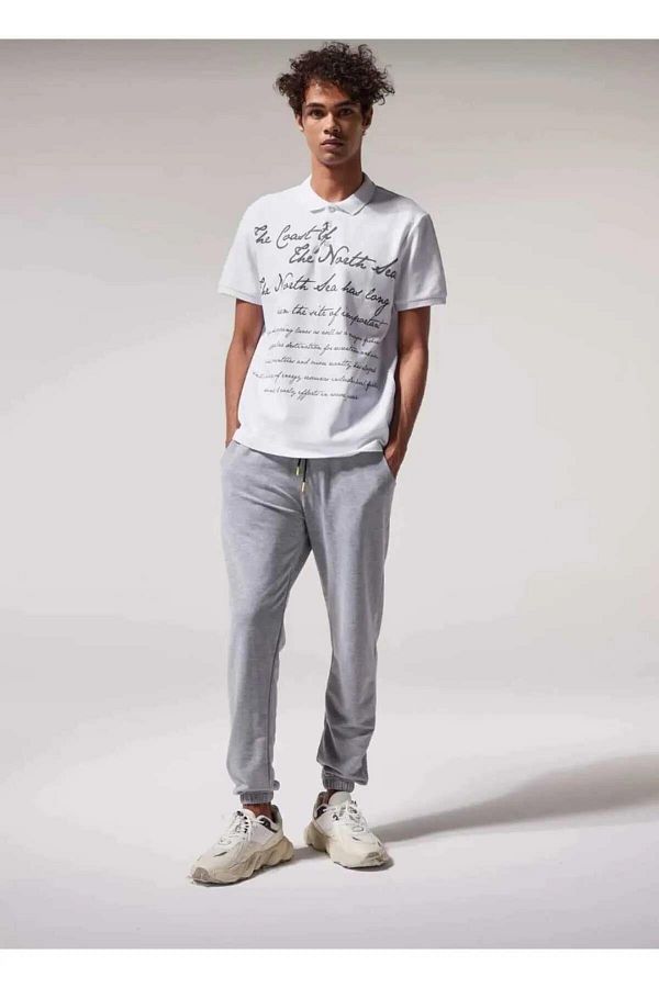 CassidoShoes-White Button Collar Detailed Text Printed Men's Polo T-Shirt 1