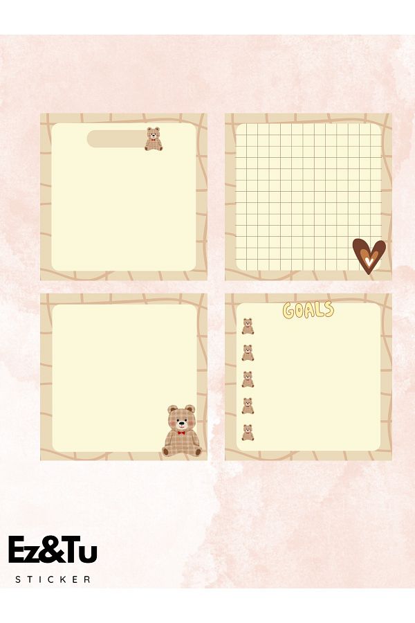 Ez&Tu Stıcker-8X8 Patterned Set of 4 Memopad Notepad Planner Cute Bear Themed Cube Notes 1