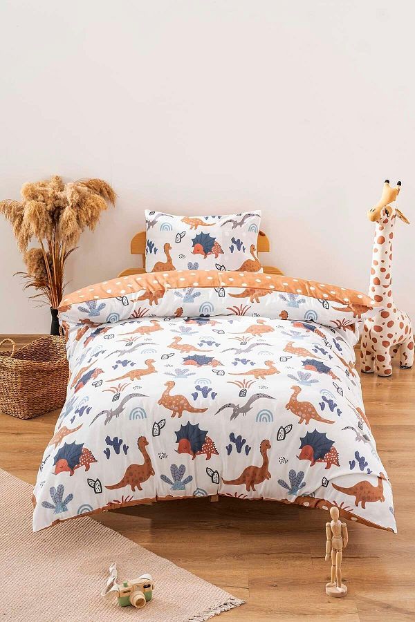 Zethome-Brown Dinosaur Double Sided Children's Duvet Cover Set Cotton 160X220Cm 1