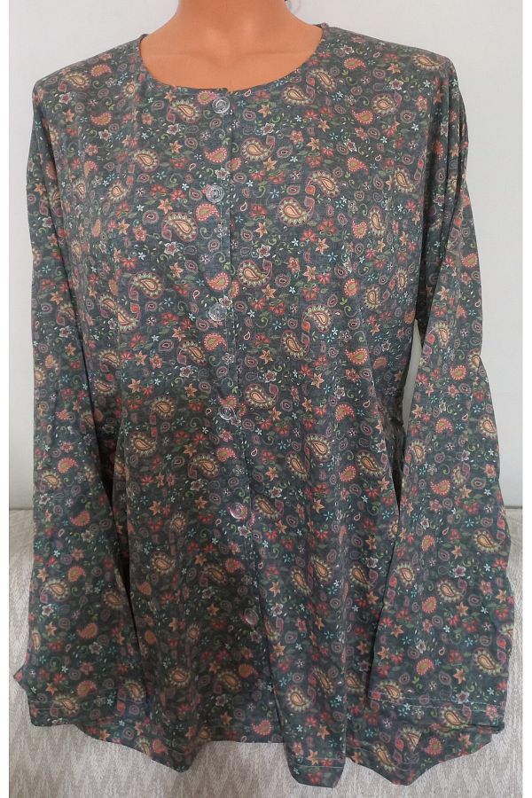 Anne-Er Clothing Mother Summer Combed Cotton Blouse Button-Down Print Green Floral 1