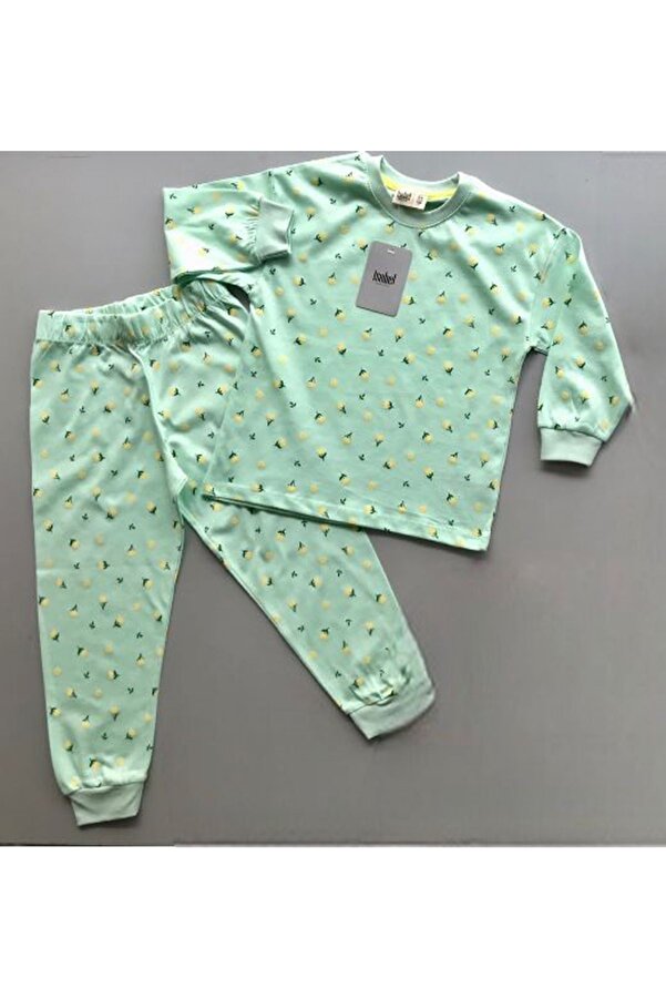 yagmurgiyim İSOB Mint Çiçek Desenli %100 Pamuk Kız Çocuk Pijama Takımı 7-12 Yaş 25402-M