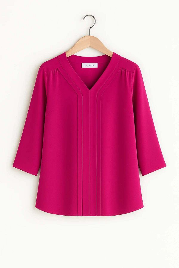 Hanezza-Plus Size Stylish V-Neck Rib Detail Jessica Crepe Blouse 1