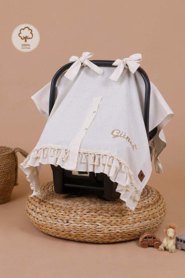 JUNİPERUS Kişiye Özel İsimli Nakışlı Organik Keten Puset Örtüsü Oeko-Tex Sertifikalı Fırfırlı