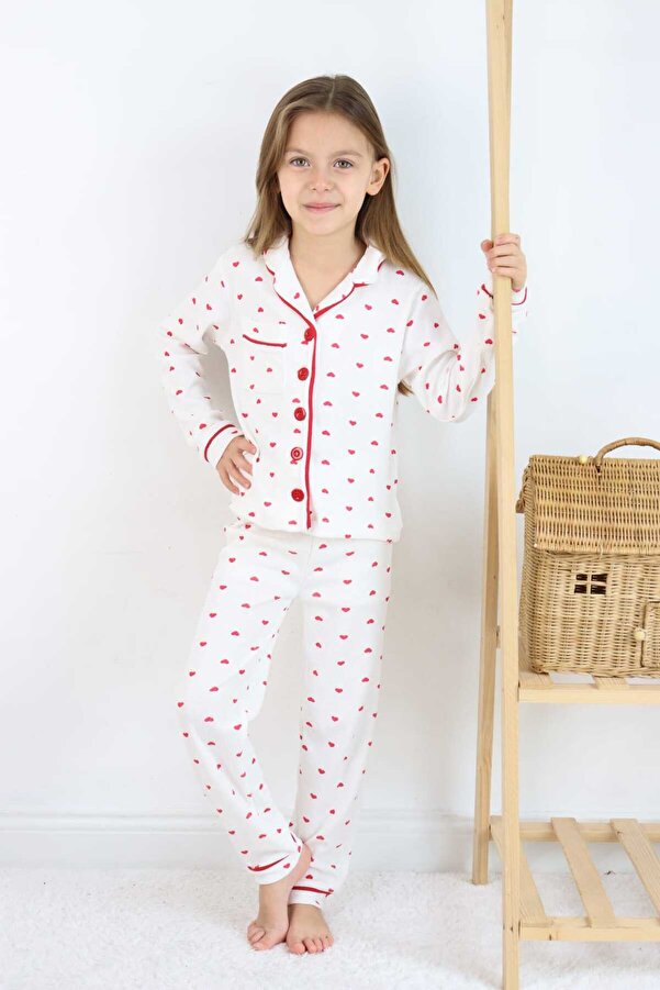 ESİLA KİDS Kız Çocuk Pijama Takımı Kalp Desenli Yakalı Önü Düğmeli Cep Detaylı 4-12 Yaş Arası