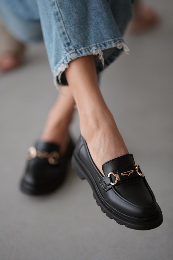 selinshoes-Mocasini de dama cu detaliu curea Durry si accesorii aurii - NEGRU 1