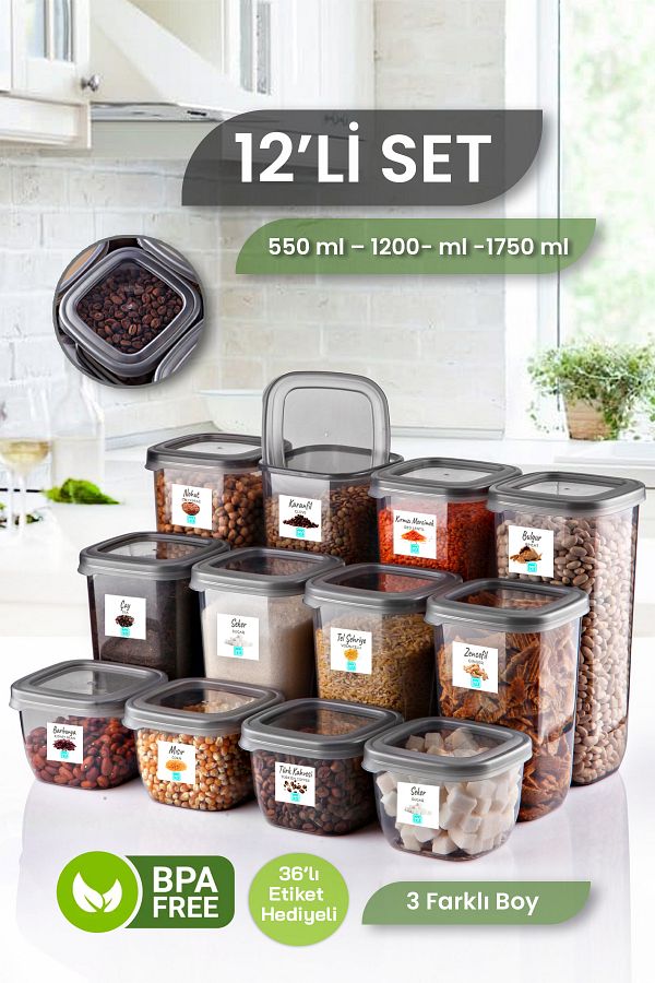 MYBOX-Set of 12 Square Food Storage Container with Labels - Pulses Storage Box Seasoning Rack 1