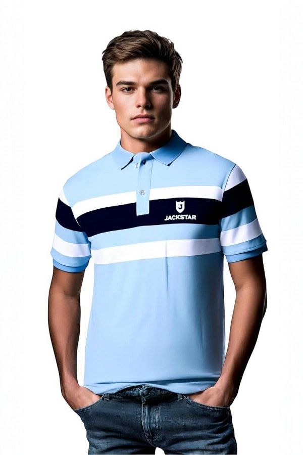 CassidoShoes-Men's Blue Polo Neck T-Shirt, Regular Fit Stripe and Short Sleeves 1