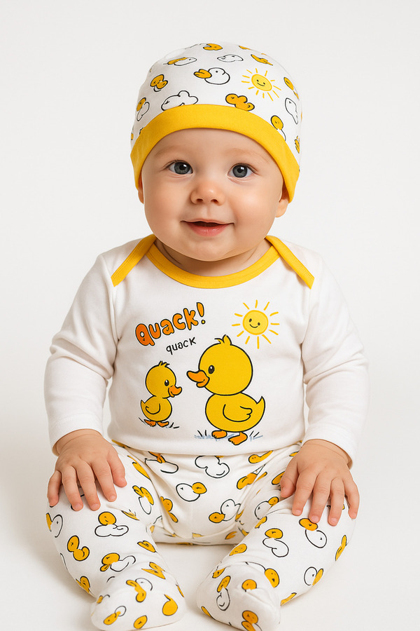 Trend Bebe Butik Ördek Desenli 3'lü Bebek Zıbın Takımı   %100 Pamuk  Unisex Yenidoğan ve 0-6 Ay Bebek Kıyafet Seti