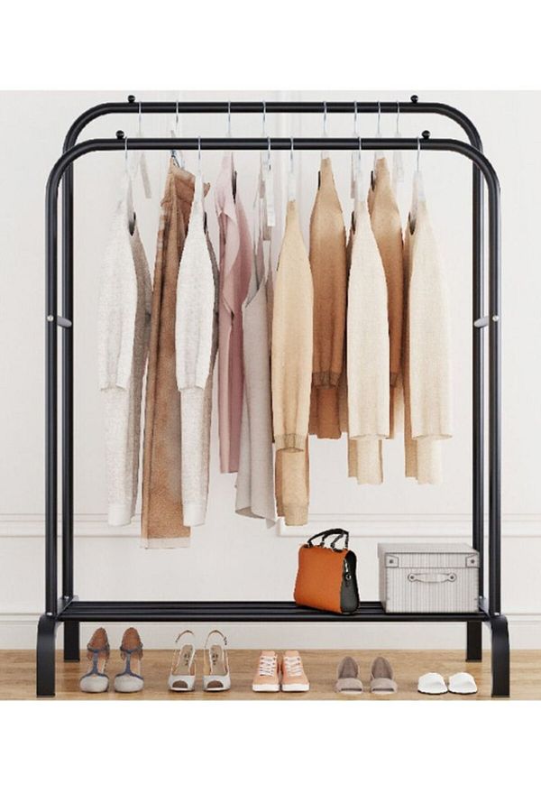 COOYA-Black Double Rod Clothes Drying Rack,Indoor Garment Organizer with Shelves,High-Strength Metal Frame 1