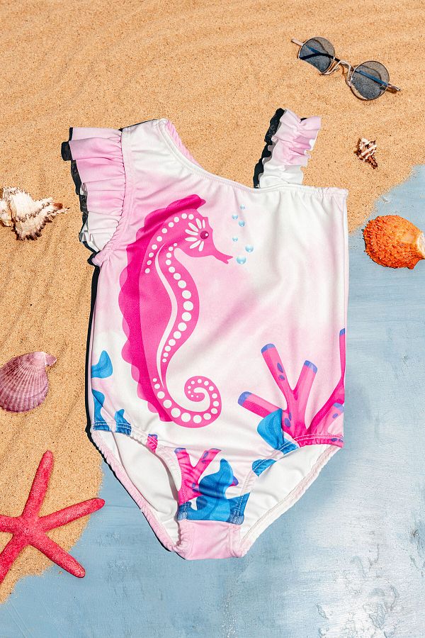 Beniizle-One Shoulder Sea Horse Patterned Girl's Swimsuit with Ruffle Detail 1