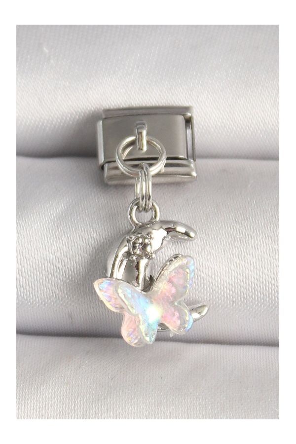 Clariss-Heyf 316L Steel Silver Color Zircon Stone Crescent White Enamel Butterfly Model Nomination Charm 1