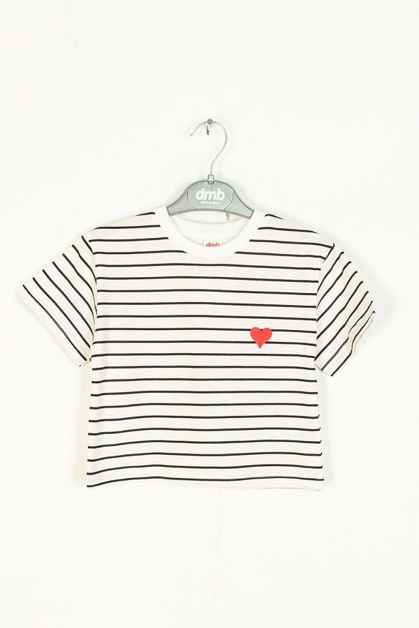 wakawakakidsstore-Tricou Crop Alb cu dungi Imprimate Inima pentru Fata - Alb 1