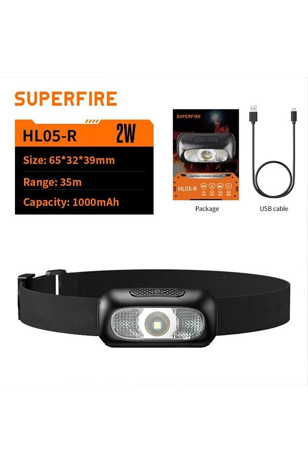 SUPERFIRE-Black Hl05-r 2024 Hl05-r Mini Led Headlamp Usb Rechargeable Headlight 50g With White/red L 1