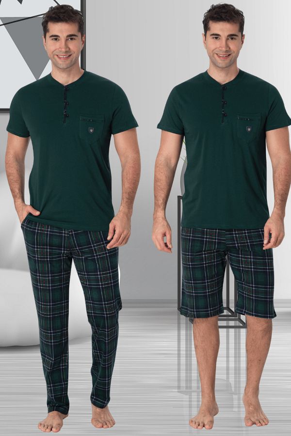 Mecit Pijama-طقم بيجامة رجالي مقاس كبير مكون من 3 قطع من القطن بنسبة 100% منقوش باللون الأخضر من Mecit 2901 1