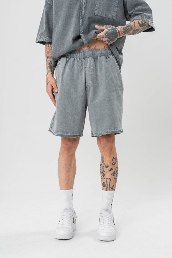 go gang own-Low Wash Waist Elastic Washed Linen Shorts 1