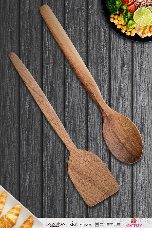 MONTESEV-Natural Walnut Wood Wooden Wooden Spoon Spatula Set Wooden Spoon (Set of 2) 1