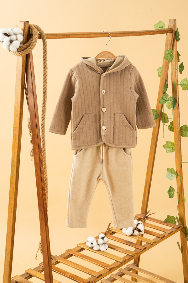 bombe-Baby Kids Brown Hooded Collar Cotton Comfortable 2-Piece Set Trend Fashion Bottom Top Set 1