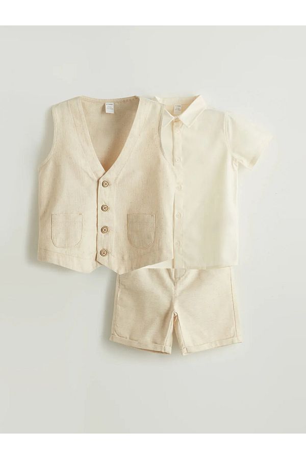 LC Waikiki-Lcw kids ecru boy's shirt shorts and vest 3-piece set 1