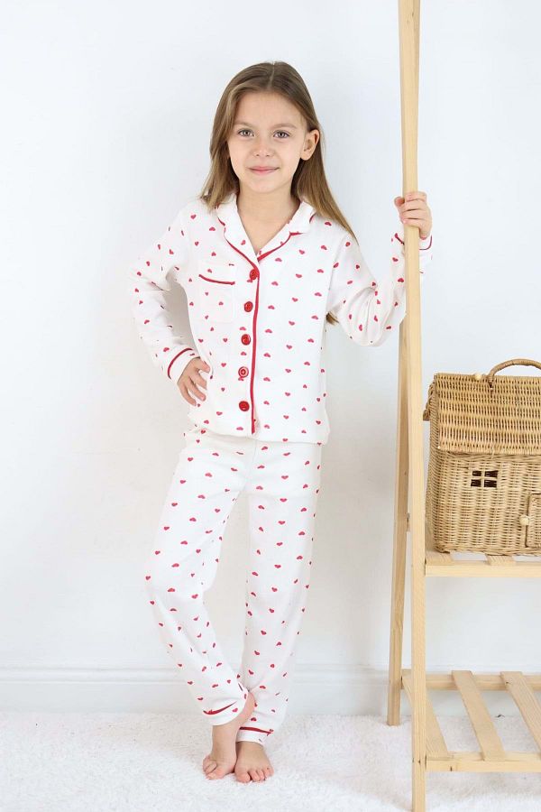 Çocuksan Baby&Kids Wear-Girl's Heart Cotton Pajamas Set Long Sleeve Buttoned Comfortable Set 1