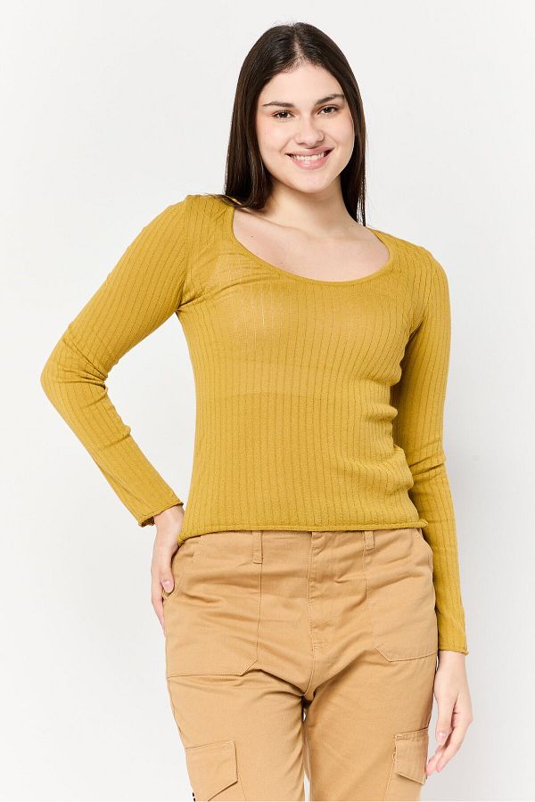 DeFacto-Women U-Neck Long Sleeve Rib Knit Blouse, Gold 1