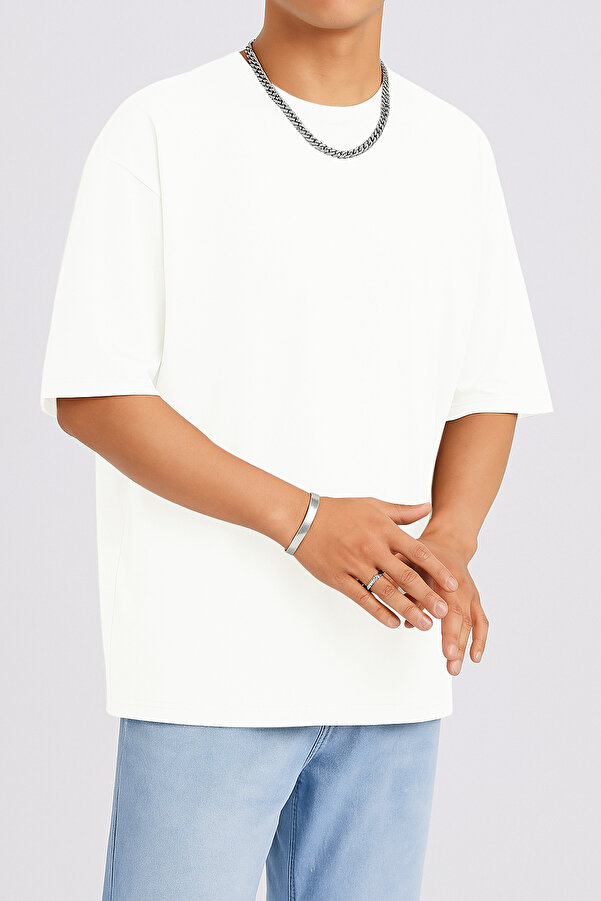 Unisex Oversize %100 Pamuk Geniş Kesim Yumuşak Dokulu Basic Bisiklet Yaka Beyaz Tişört Rf0506