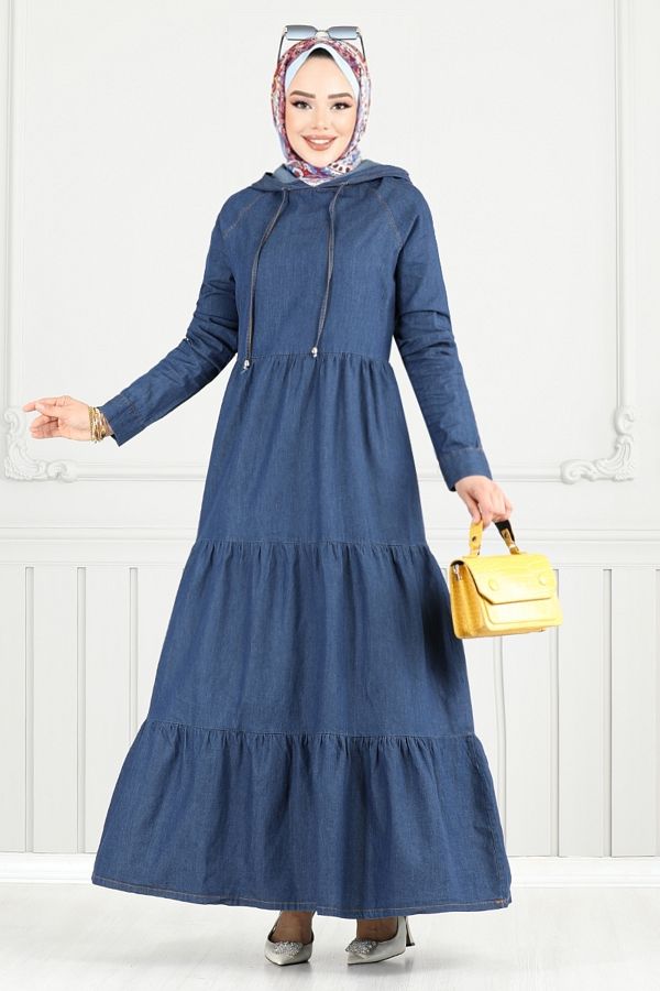 ModaMerve-Tiered Skirt Denim Dress 25026Mts1095-M Dark Denim 1