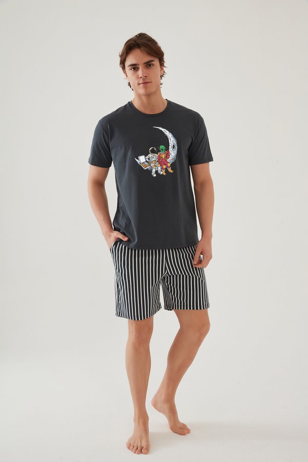 koza iç giyim Men's Cotton Smoke Printed Pocketed Shorts Pajama Set