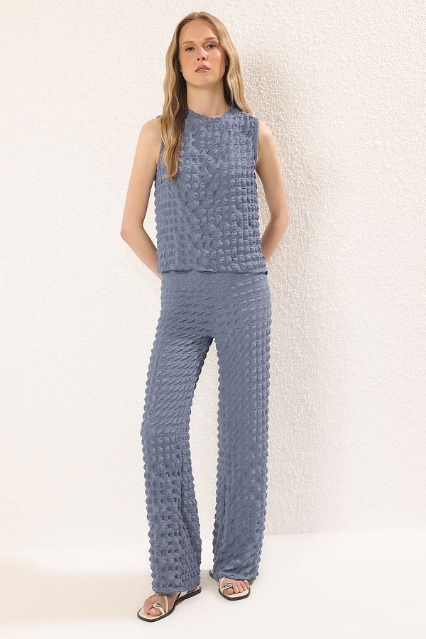 Trendyol Collection-Indigo Textured Blouse-Pants Knitted Bottom-Top Set Twoss24Au00032 1