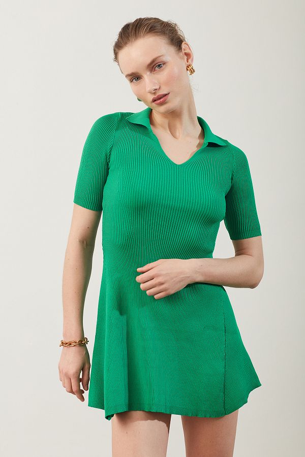 Park Karon-Rochie verde cu volan cu gât polo 1