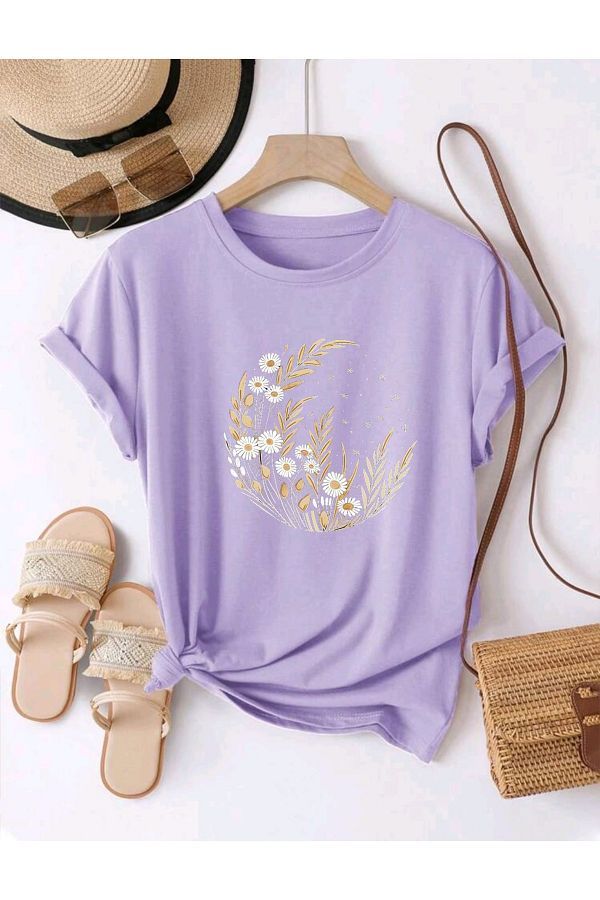 FAVORİST-Moon Star Daisy Printed Unisex Summer Cotton Short Sleeve Tshirt 1