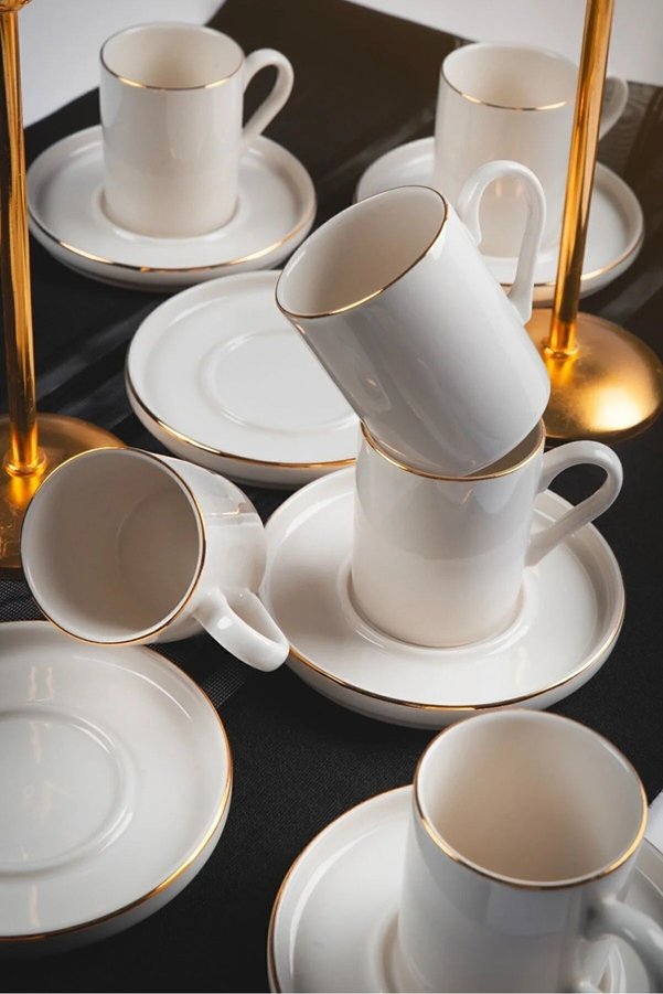 Heda Porselen Dream Gold Gilding 12 Piece 6-Person Porcelain Coffee Cup Set Broken White