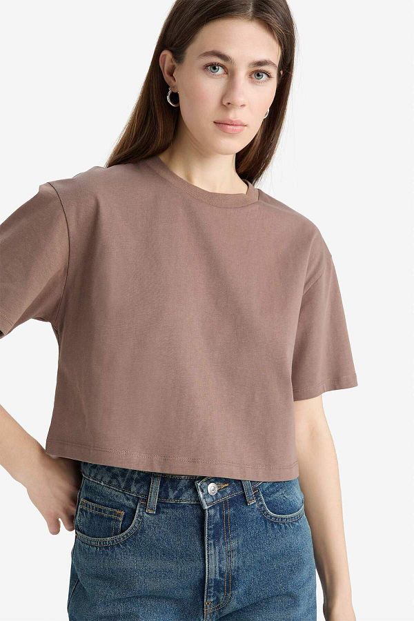 DeFacto-Boxy Fit Crew Neck Basic Plain Combed Cotton Short Sleeve T-Shirt C7459Ax25Sm 1