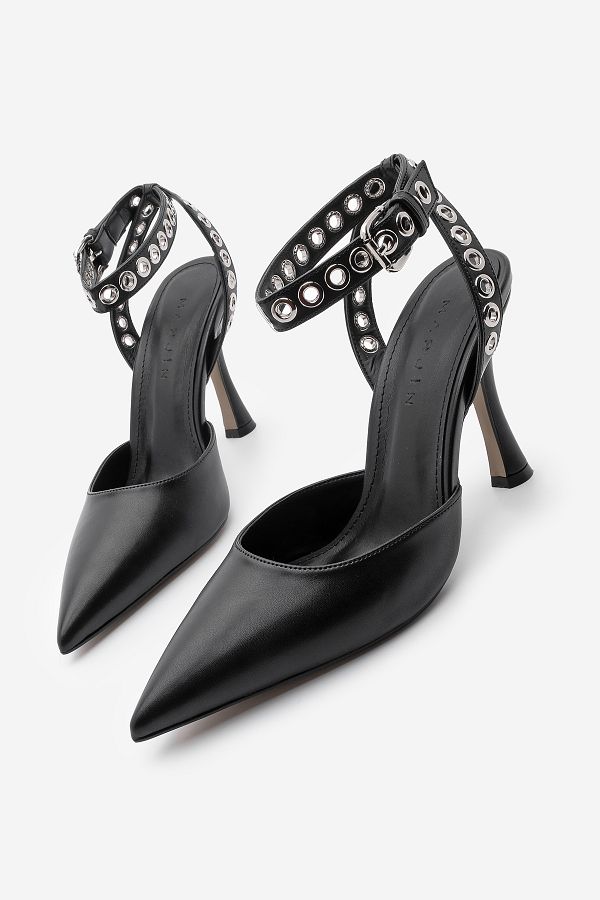 Marjin-Schwarze Damen-Stiletto-Schuhe mit Trock, Knöchelriemen und offenem Rücken 1
