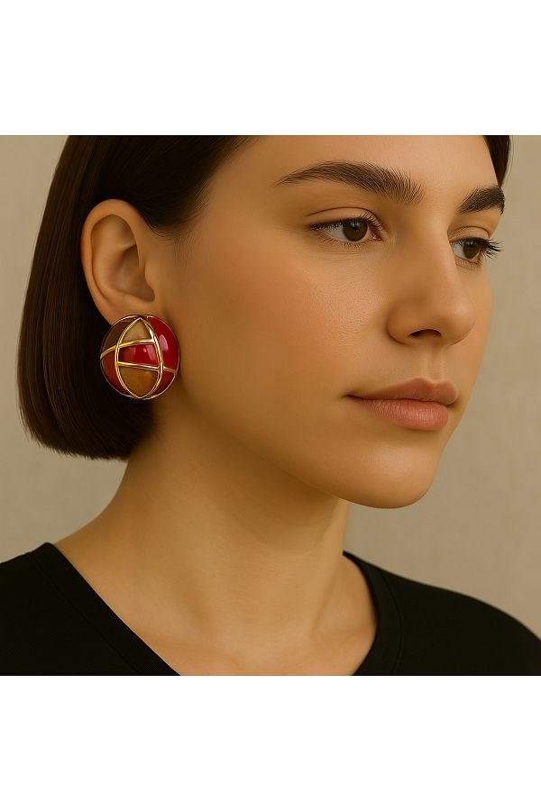 Kutcha Accessories-Colorful Modern Globe Earrings - Red and Brown Details with Gold Frame 1