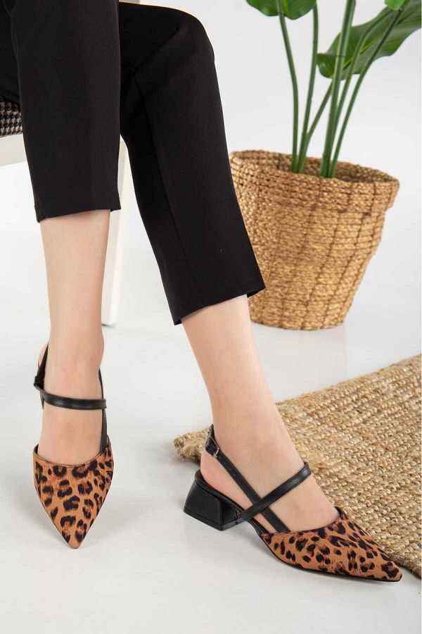 Elegant steps-Open Back Leopard Patterned Pointed Toe Short Heel Daily Ballerina Women's Heeled Shoes 1